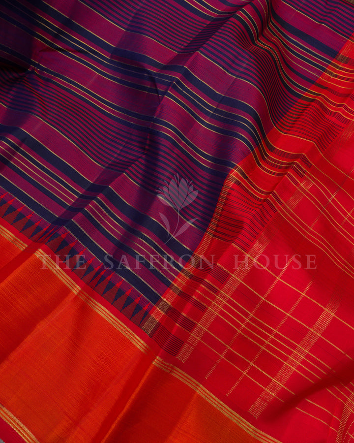 Purple and Navy Striped Kanchivaram Silk Saree with Orange Zari Border