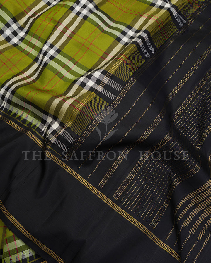 Olive Green Tartan Check Kanchivaram Silk Saree with Black Zari Border, Striped Pallu