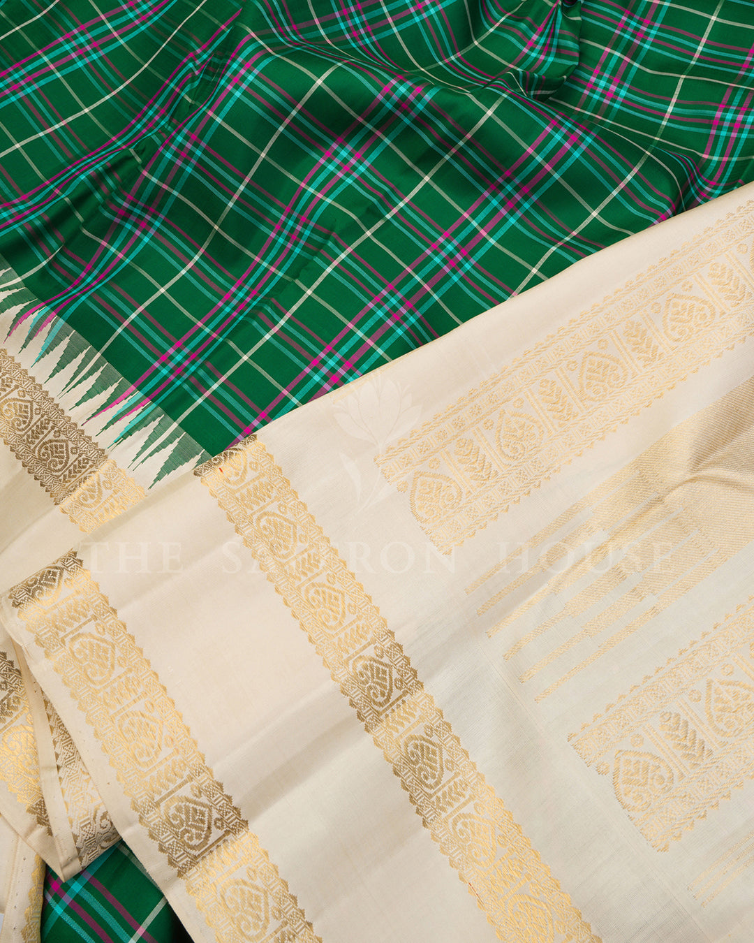 Green Tartan Check Kanchivaram Silk Saree with Cream Zari Border