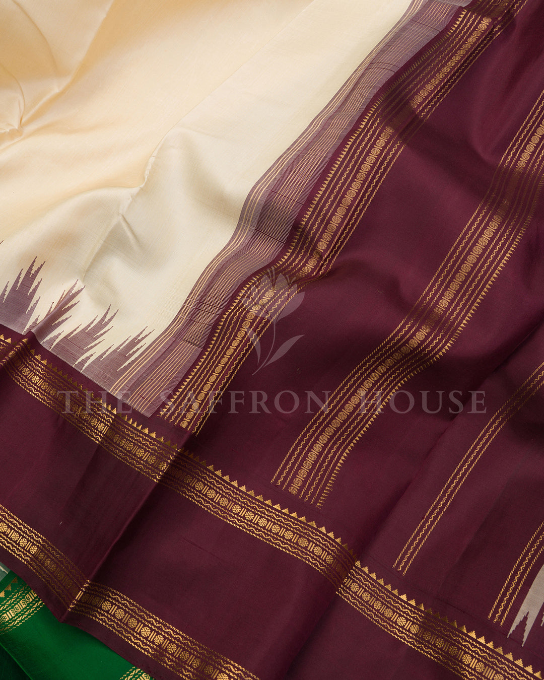 Cream Kanchivaram Silk Saree with Green Zari Border, Wine Striped Pallu