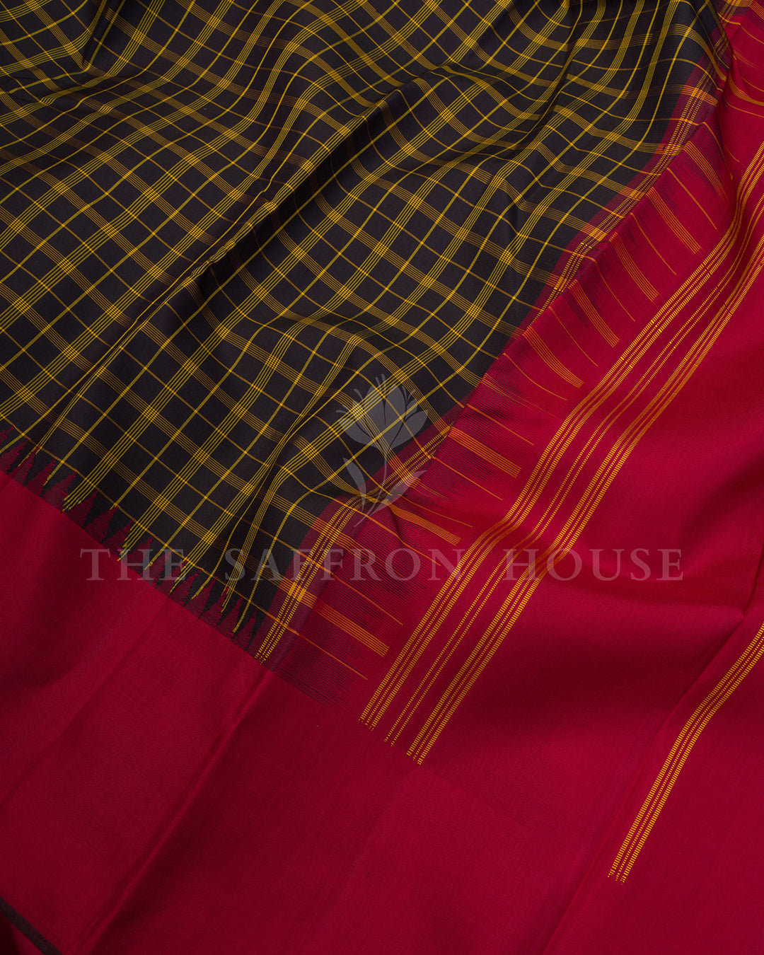 Navy Blue and Mustard Checked Kanchivaram Silk Saree with Red Border