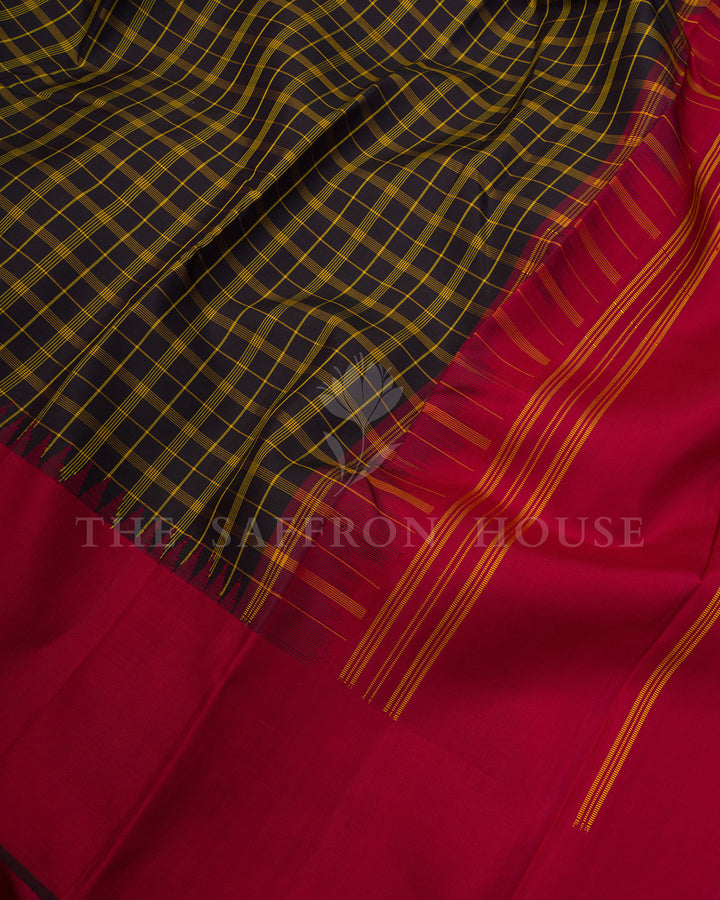 Navy Blue and Mustard Checked Kanchivaram Silk Saree with Red Border