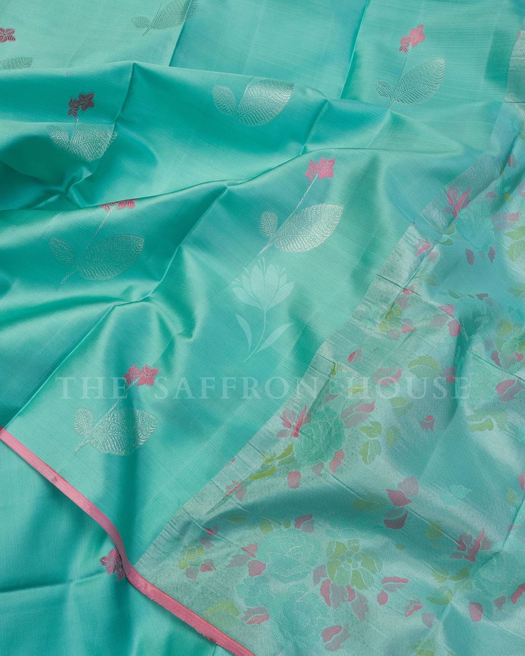 Turquoise Kanchivaram Silk Saree with Silver Leaf Buttis, Pink Border