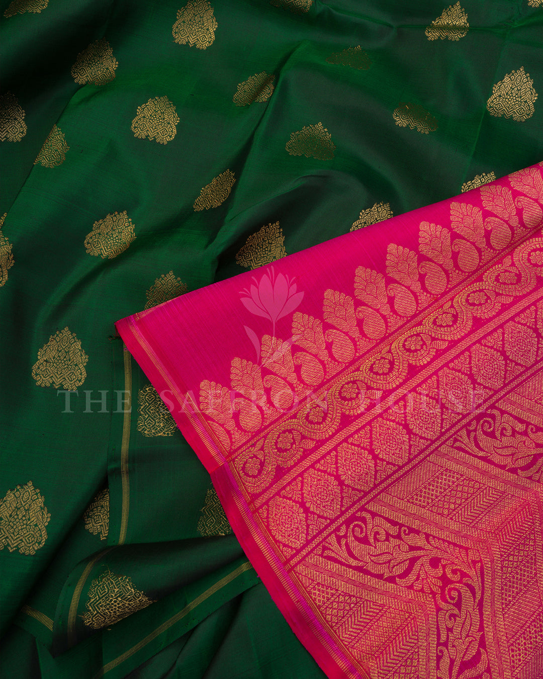 Bottle Green Kanchivaram Silk Saree with Gold Zari Buttis, Pink Pallu with Floral Zari Work