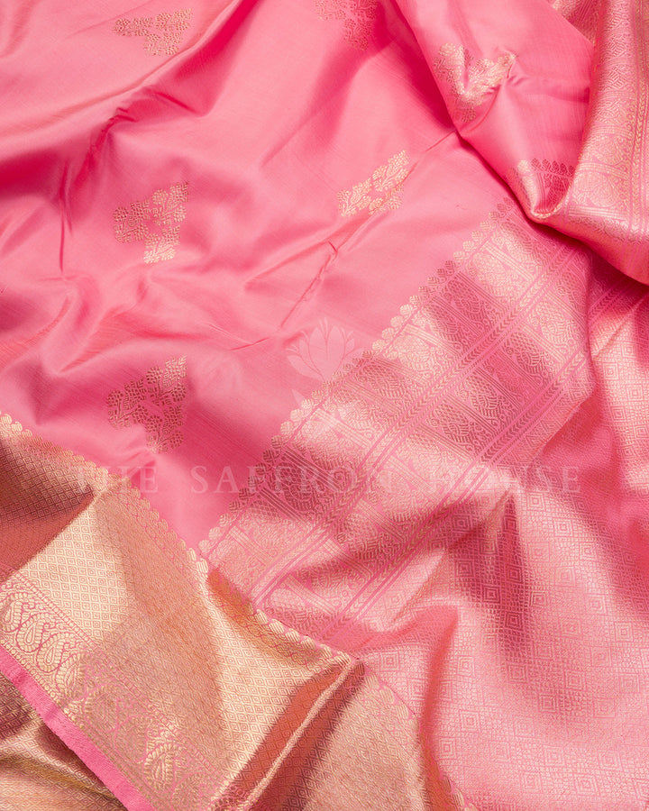 Pink Kanchivaram Silk Saree with Gold Zari Buttis, Self-Tone Paisley Pallu