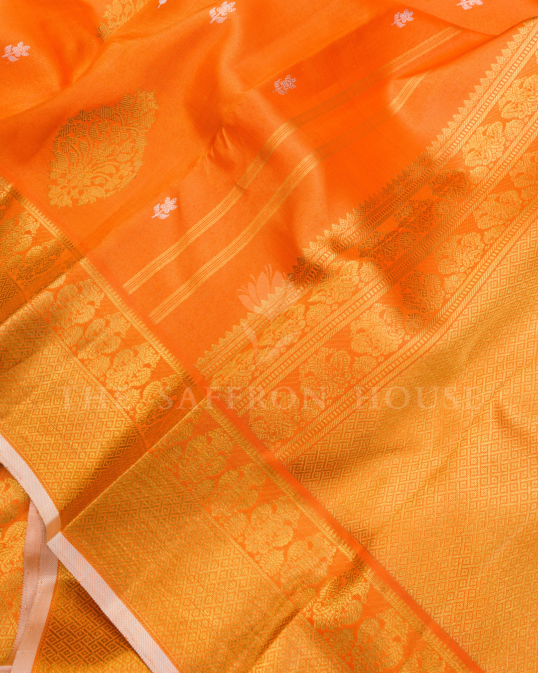 Orange Kanchivaram Silk Saree with Gold Zari Paisley Buttis, Dense Zari Pallu