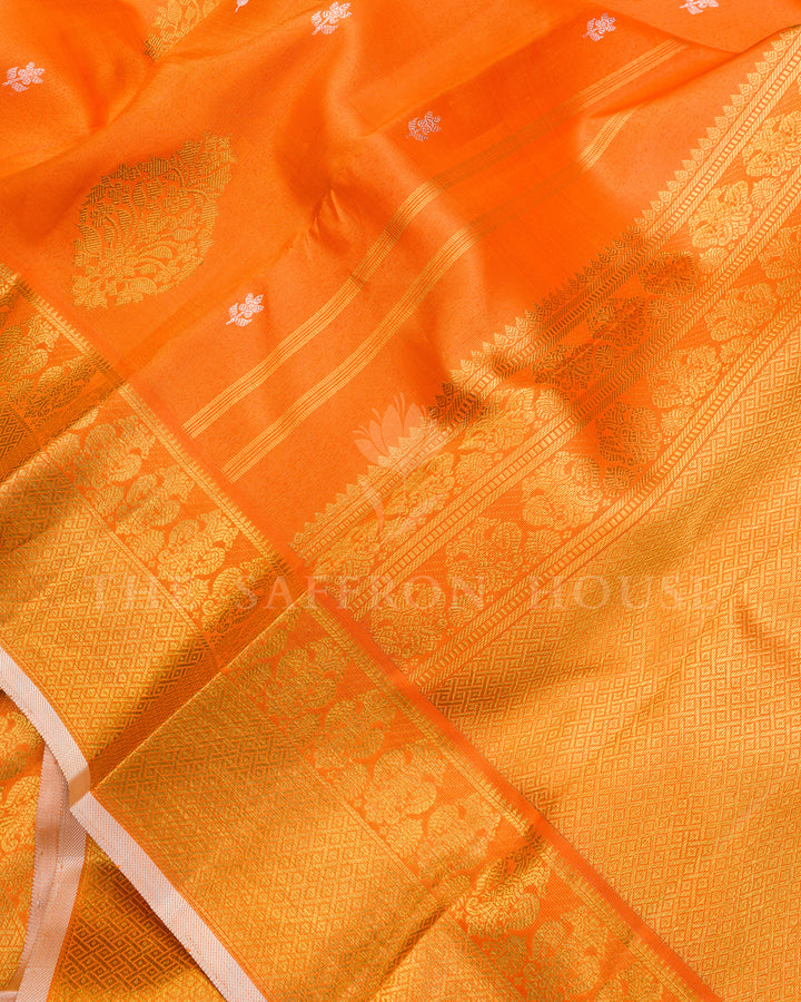 Orange Kanchivaram Silk Saree with Gold Zari Paisley Buttis, Dense Zari Pallu