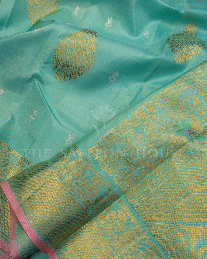 Sea Green Kanchivaram Silk Saree with Gold Zari Paisley Buttis, Pink Border Pallu