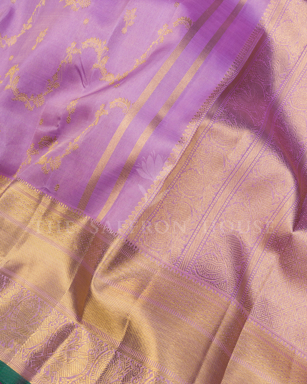 Lilac Kanchivaram Silk Saree with Gold Zari Vine Motifs, Green Edge Border
