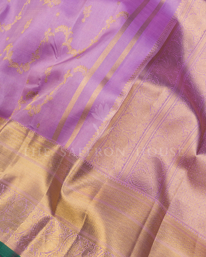 Lilac Kanchivaram Silk Saree with Gold Zari Vine Motifs, Green Edge Border