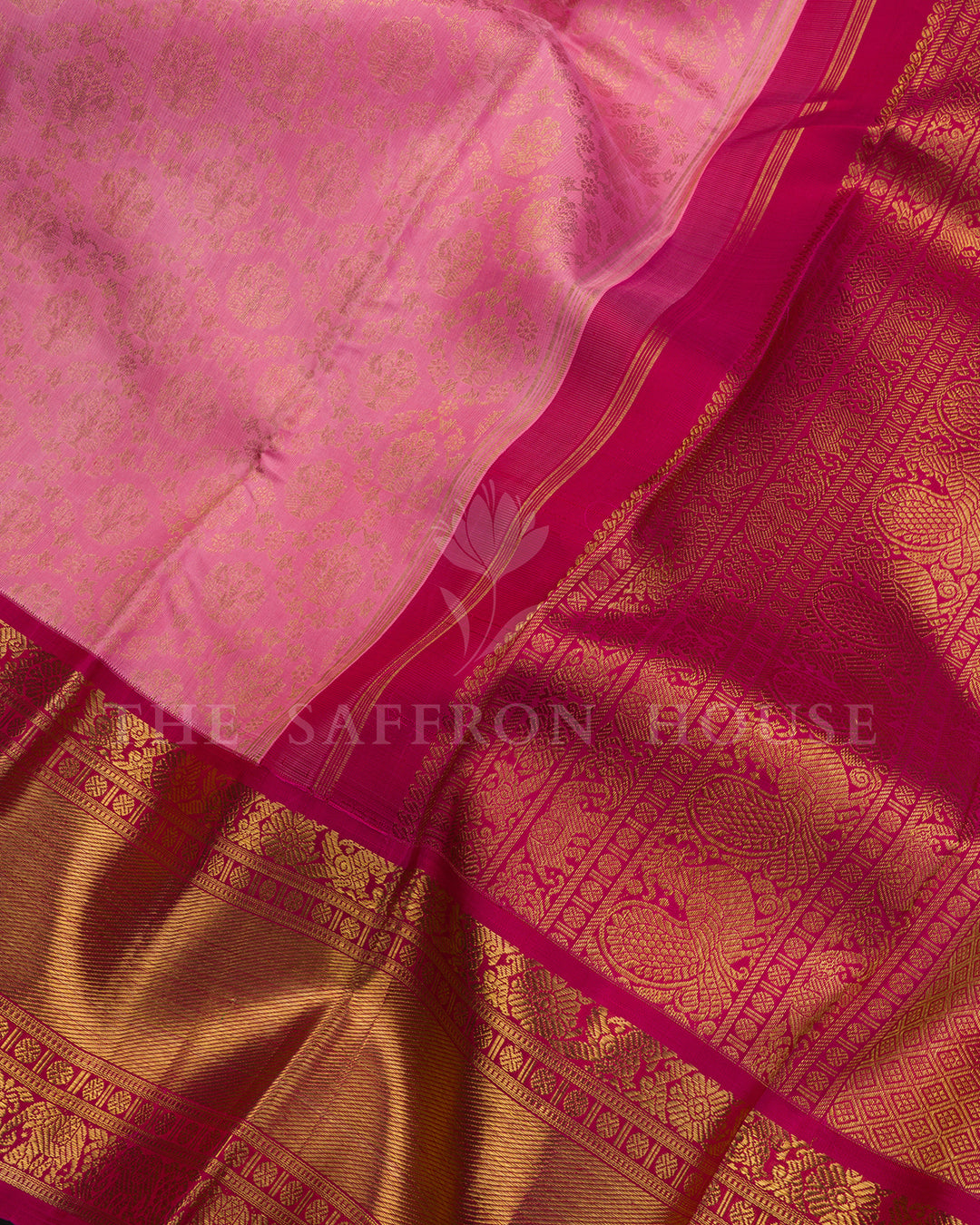 Baby Pink Kanchivaram Silk Saree with Zari Floral Jaal, Magenta Pallu with Elephant Motifs