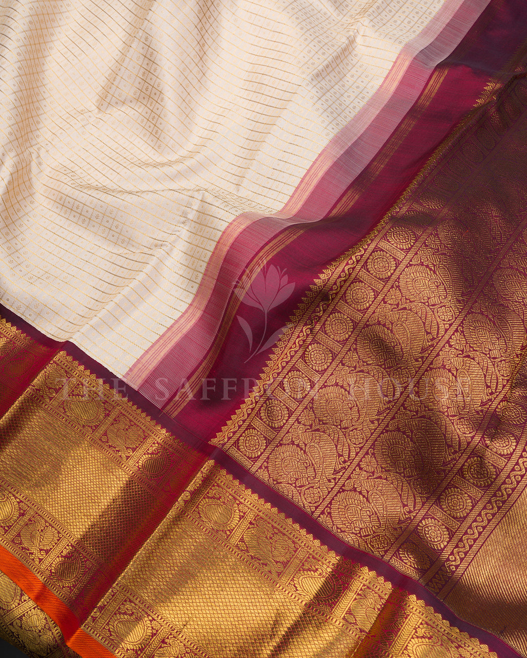 Cream Kanchivaram Silk Saree with Zari Check Weave, Maroon Pallu with Paisley Motifs