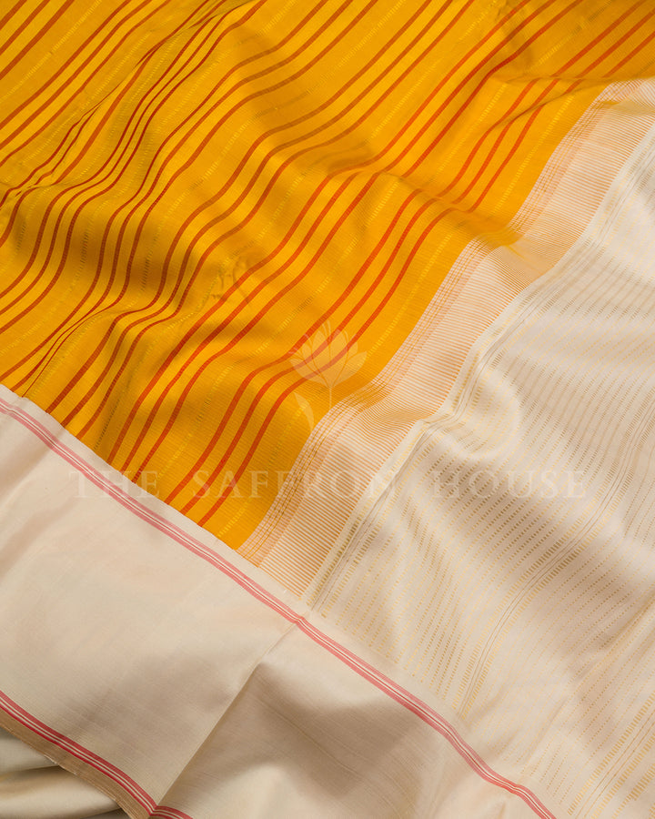 Mustard Yellow Cotton Saree with Red Pinstripes, Cream Pallu with Coral Trim