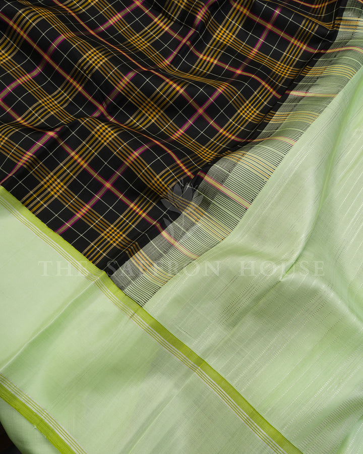 Black Tartan Check Kanchivaram Silk Saree with Green Border, Pastel Green Pallu