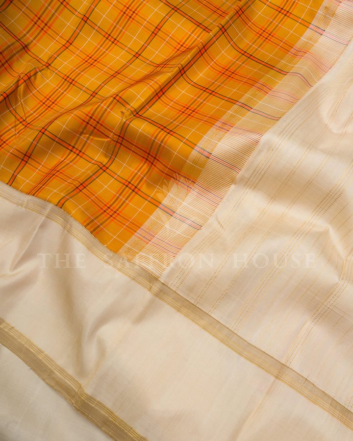 Mustard Tartan Check Kanchivaram Silk Saree with Gold Border, Cream Pallu