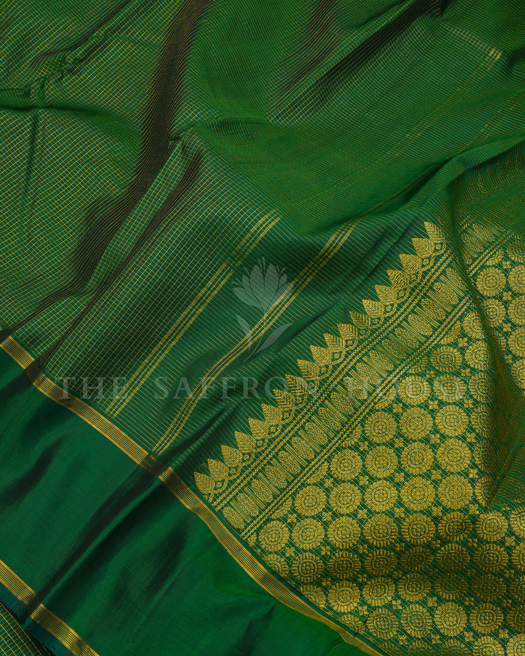 Bottle Green Kanchivaram Silk Saree with Zari Check Weave, Peacock Medallion Border