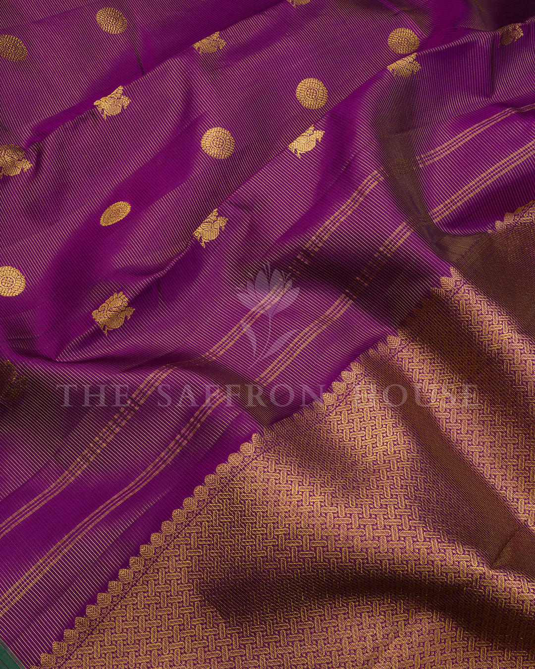 Purple Kanchivaram Silk Saree with Gold Zari Buttis, Rust Basket Weave Pallu