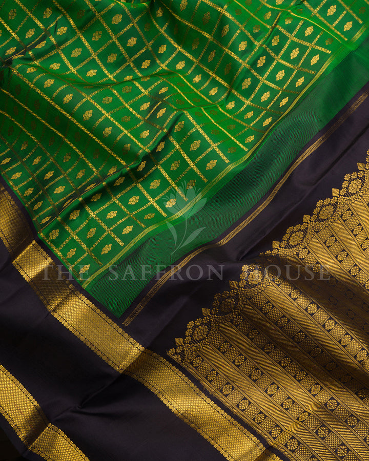 Green Kanchivaram Silk Saree with Gold Zari Check Weave, Black Border