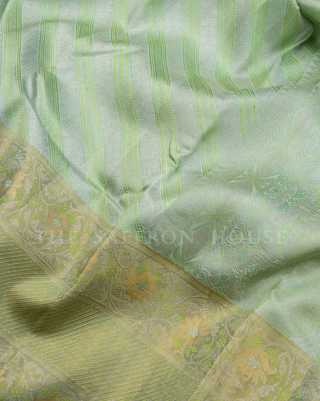 Mint Green Kanchivaram Silk Saree with Diagonal Stripe Weave, Floral Zari Border