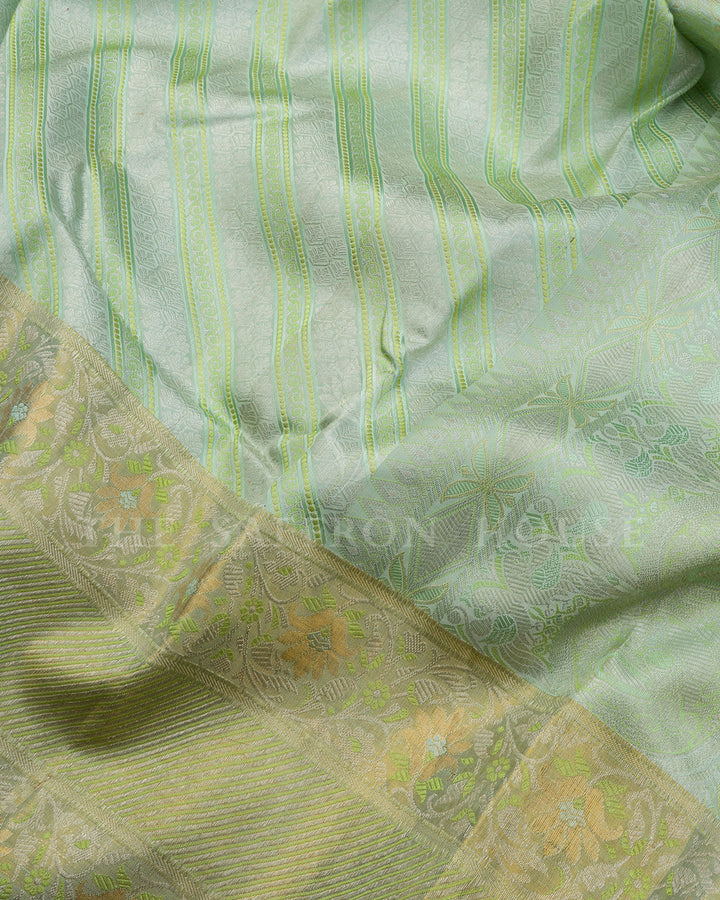 Mint Green Kanchivaram Silk Saree with Diagonal Stripe Weave, Floral Zari Border