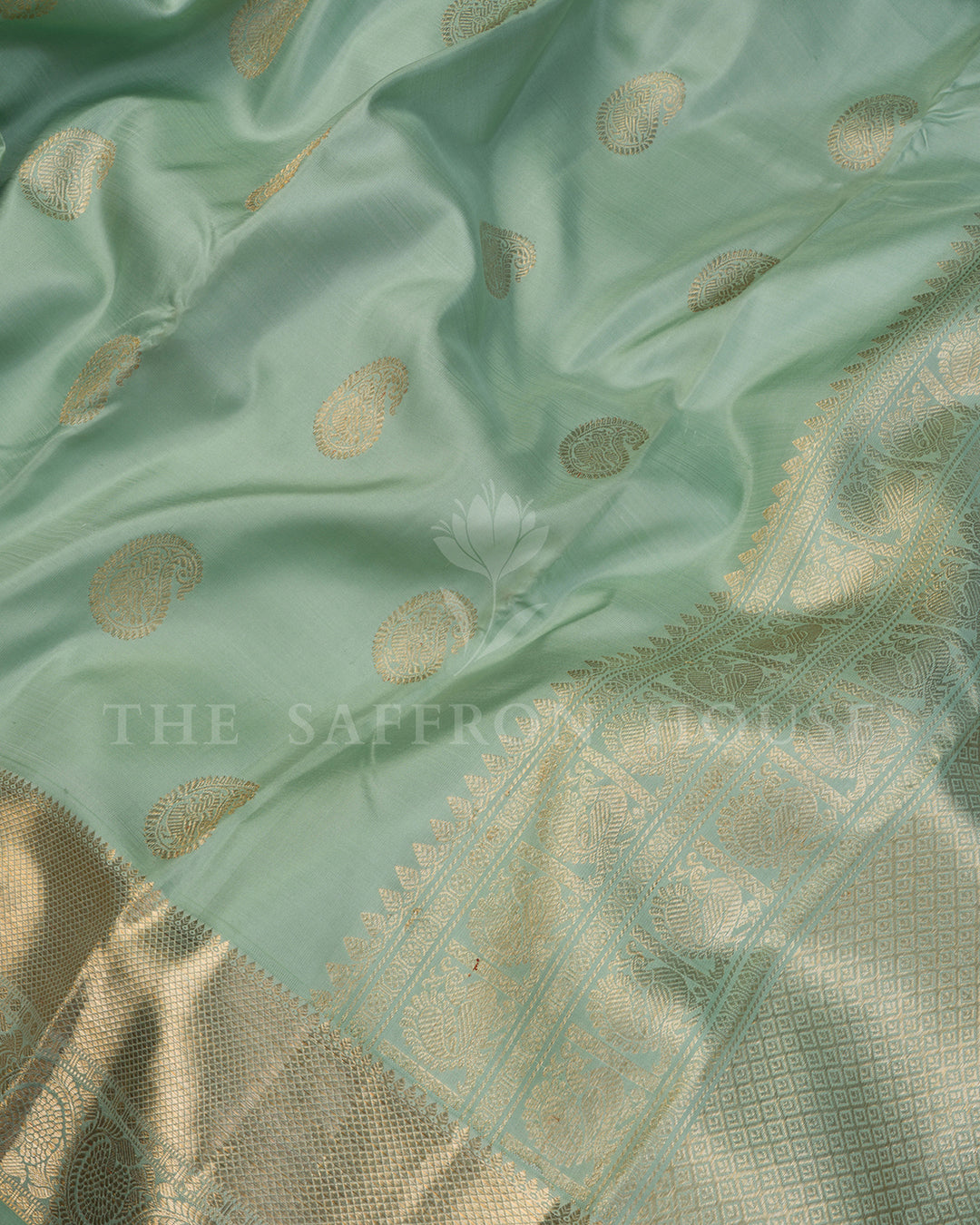 Mint Green Kanchivaram Silk Saree with Gold Zari Paisley Buttis, Wide Gold Border
