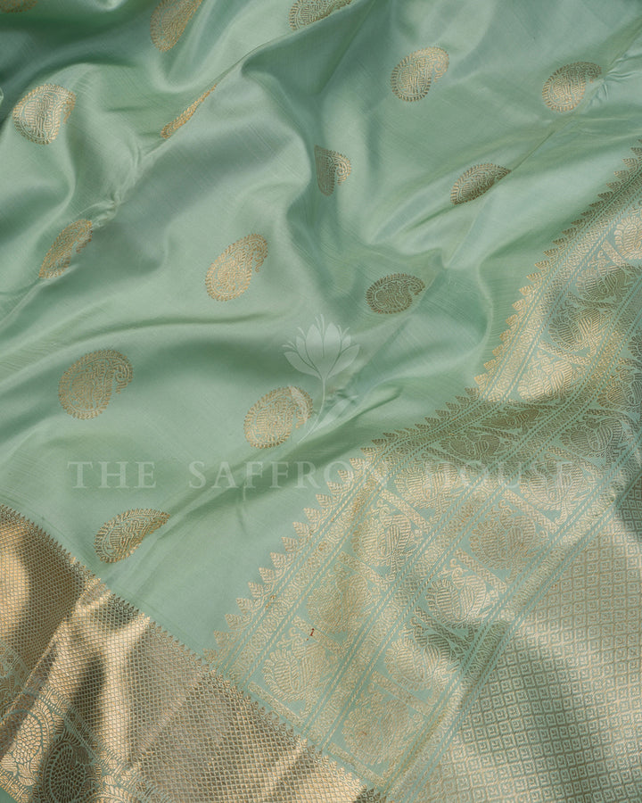 Mint Green Kanchivaram Silk Saree with Gold Zari Paisley Buttis, Wide Gold Border