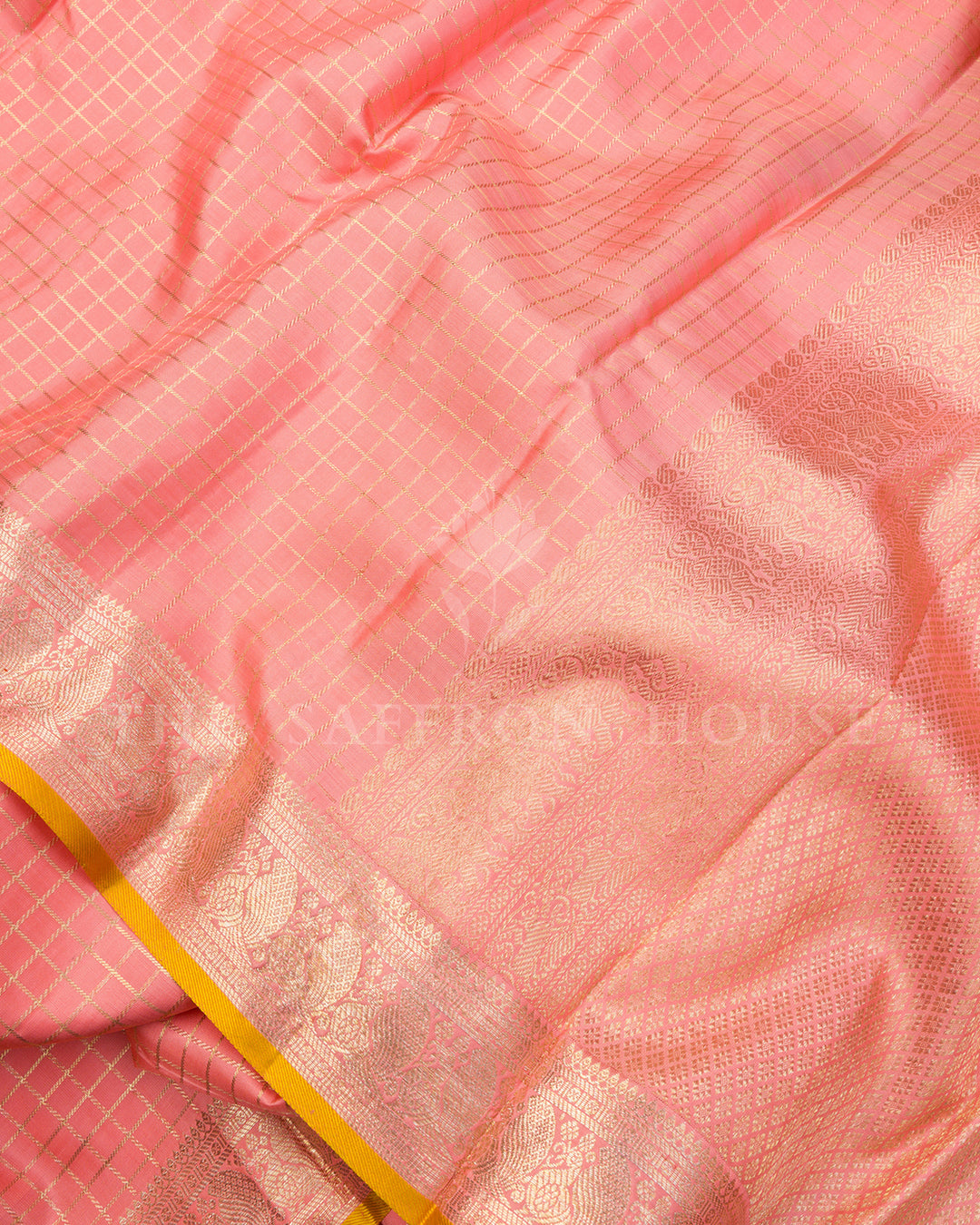 Peach Kanchivaram Silk Saree with Zari Check Weave