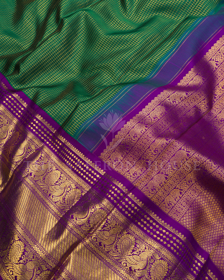 Green Kanchivaram Silk Saree with Zari Check Weave, Purple Peacock Border