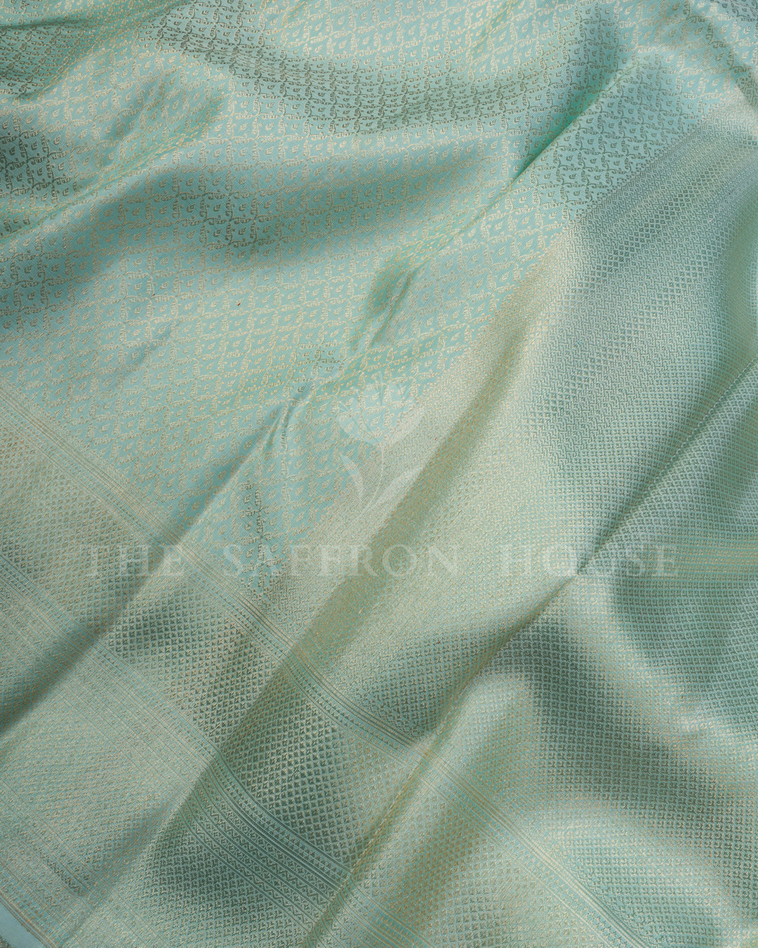 Mint Green Kanchivaram Silk Saree with Zari Diamond Lattice, Self-Tone Border