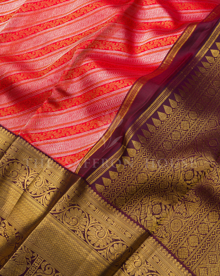 Red Kanchivaram Silk Saree with Diagonal Zari Stripes, Wine Gold Border