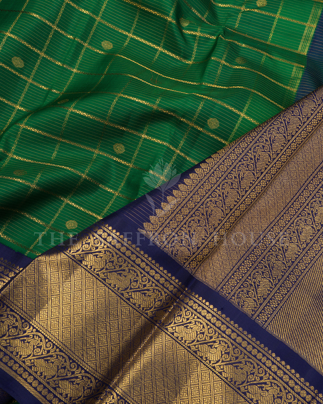Green Kanchivaram Silk Saree with Gold Zari Check Weave, Navy Blue Border