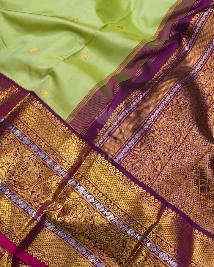 Pista Green Kanchivaram Silk Saree with Gold Zari Buttis, Wine Peacock Border