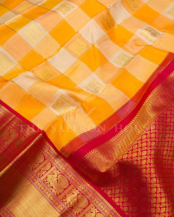 Mustard Yellow Checked Kanchivaram Silk Saree with Red Border, Gold Zari Pallu