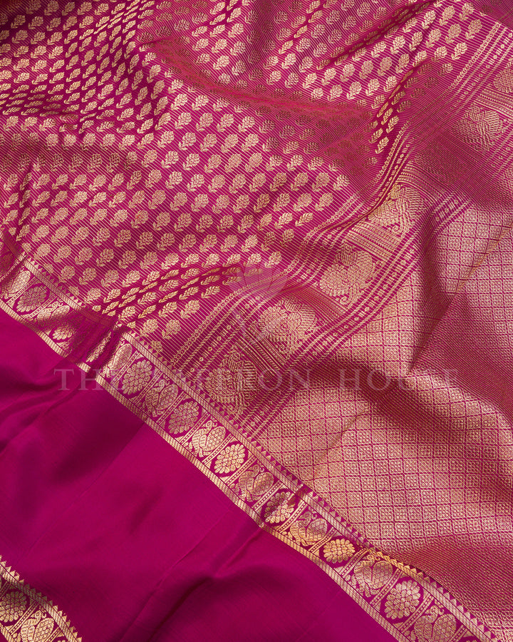 Magenta Kanchivaram Silk Saree with Zari Leaf Jaal, Peacock Border with Diamond Lattice Pallu