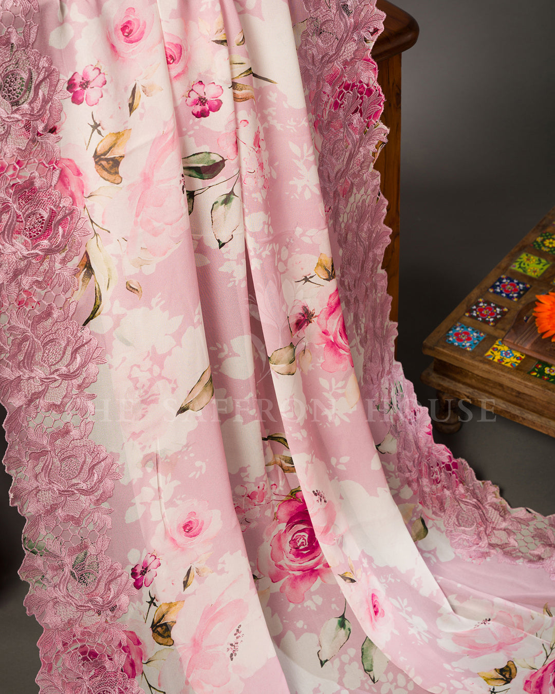Blush Pink Organza Saree with Watercolour Rose Print, Scalloped Cutwork Lace Border