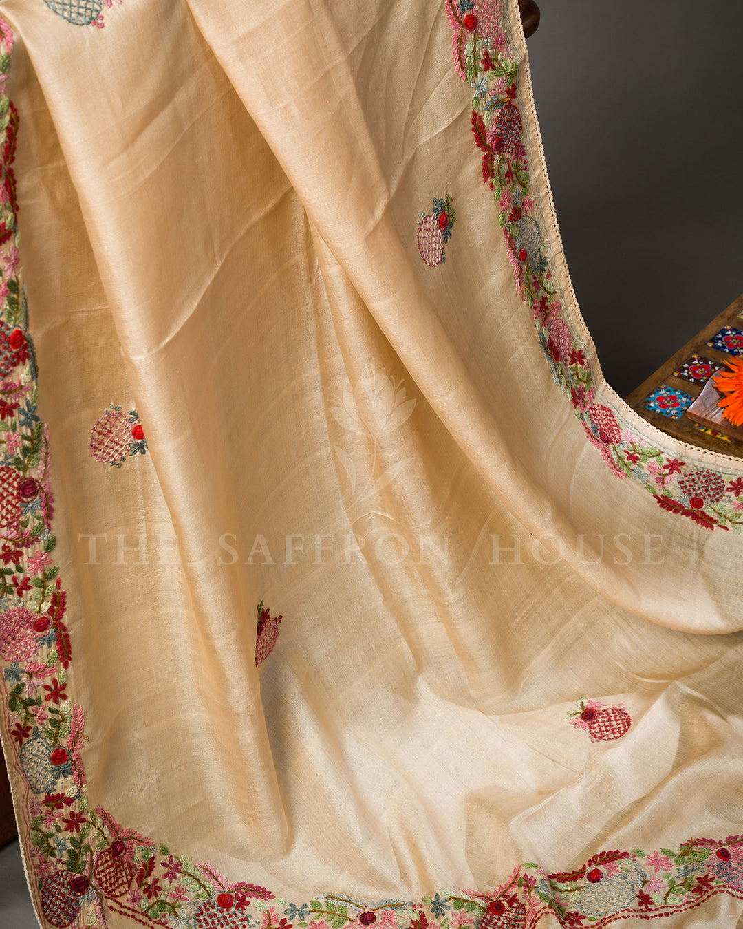 Cream Tussar Silk Saree with Multicolour Pomegranate Vine Embroidery and Mirror Work