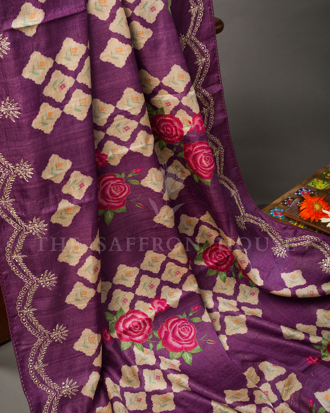 Purple Tussar Silk Saree with Printed Floral Grid, Rose Motifs and Gold Zari Scallop Border