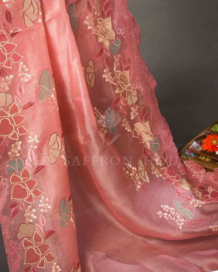 Rose Pink Organza Saree with Applique Floral Embroidery and Cutwork Scallop Border