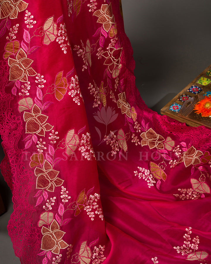 Rose Pink Tussar Silk Saree with Applique Floral Embroidery and Cutwork Scallop Border
