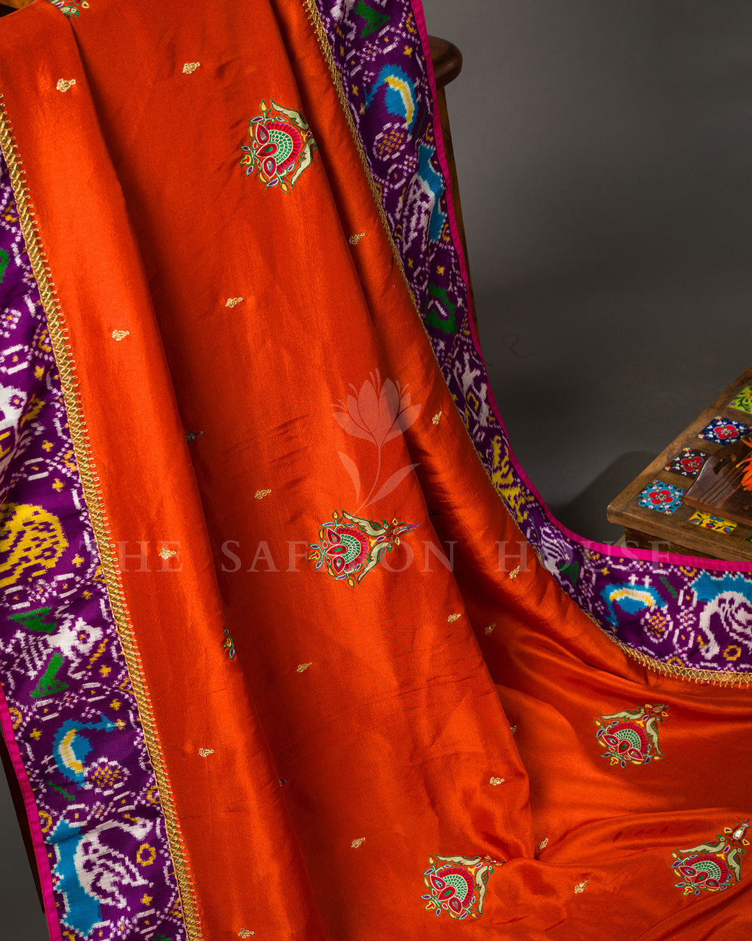Marigold Orange Tussar Silk Saree with Ikat Fusion Border and Zardosi Buttas