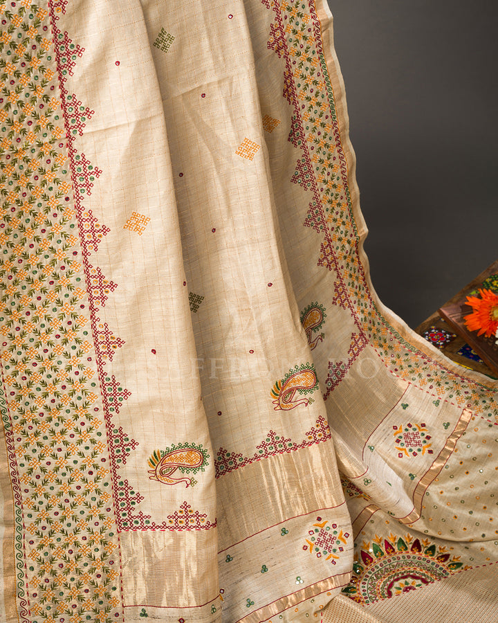Natural Beige Tussar Silk Saree with Kutch Hand Embroidery and Mirror Work
