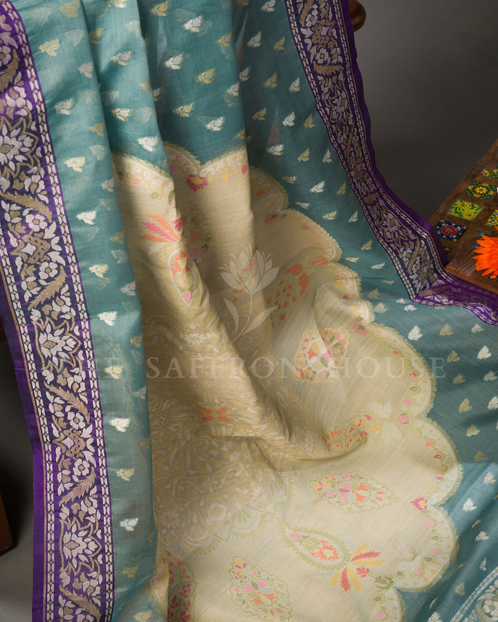 Teal Blue Tussar Silk Banarasi Saree with Meenakari Zari Medallions and Purple Border
