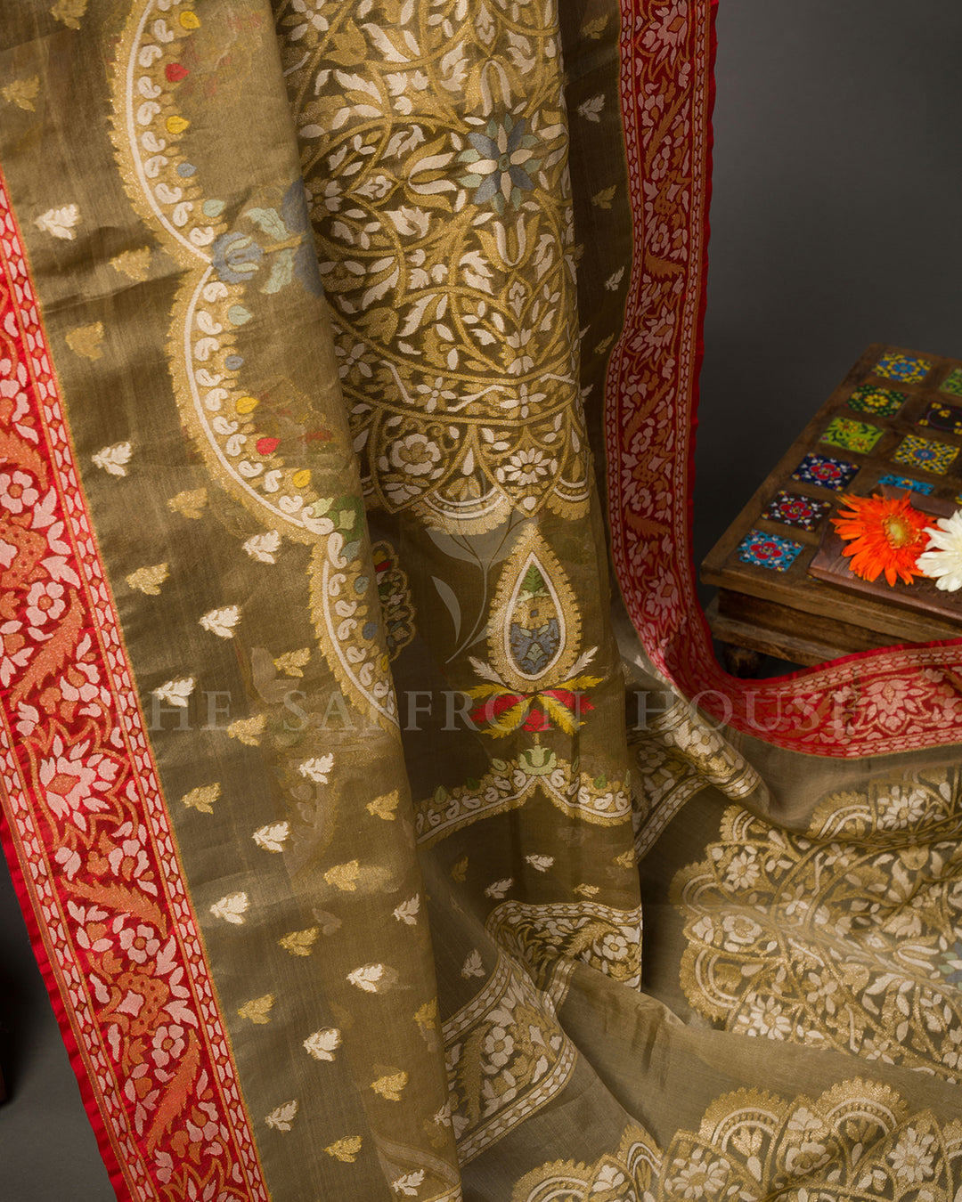 Olive Green Tussar Silk Banarasi Saree with Meenakari Zari Medallions and Red Border