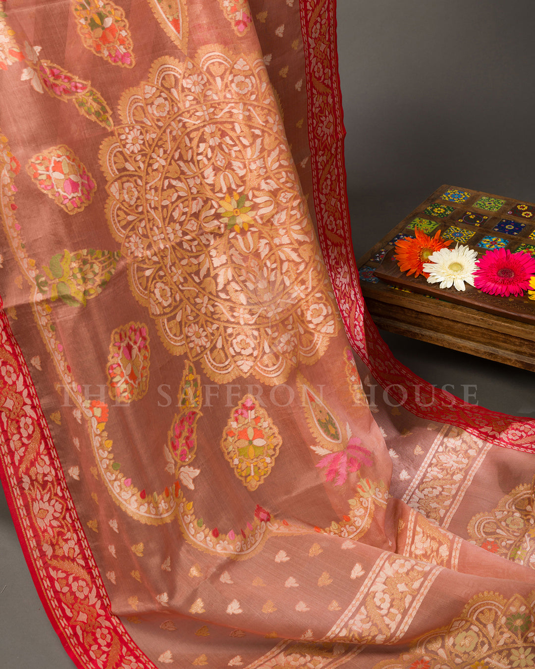 Dusty Rose Tussar Silk Banarasi Saree with Meenakari Zari Medallions and Red Border