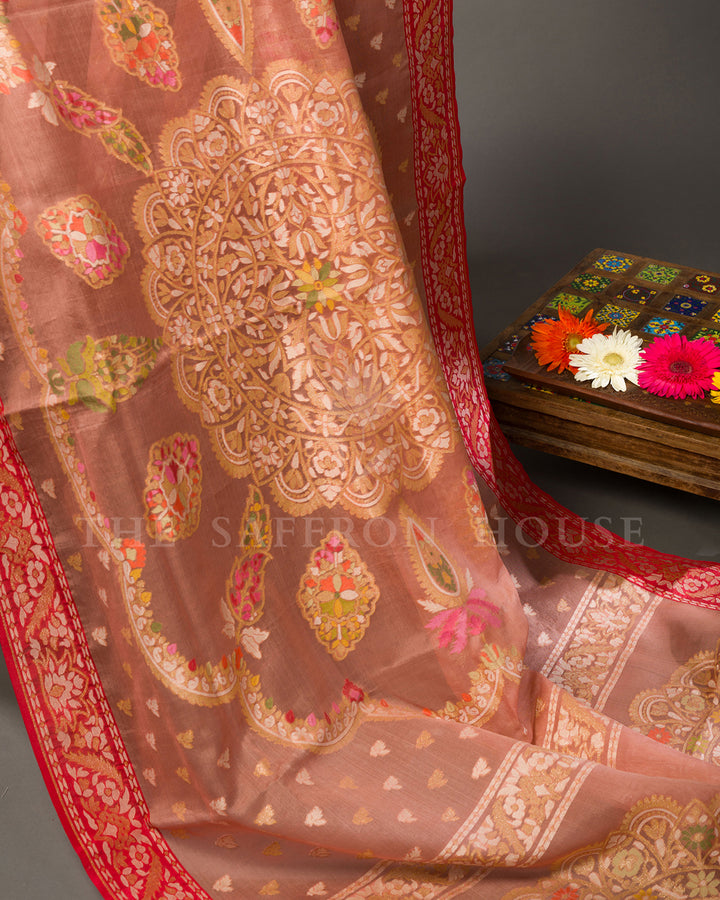 Dusty Rose Tussar Silk Banarasi Saree with Meenakari Zari Medallions and Red Border