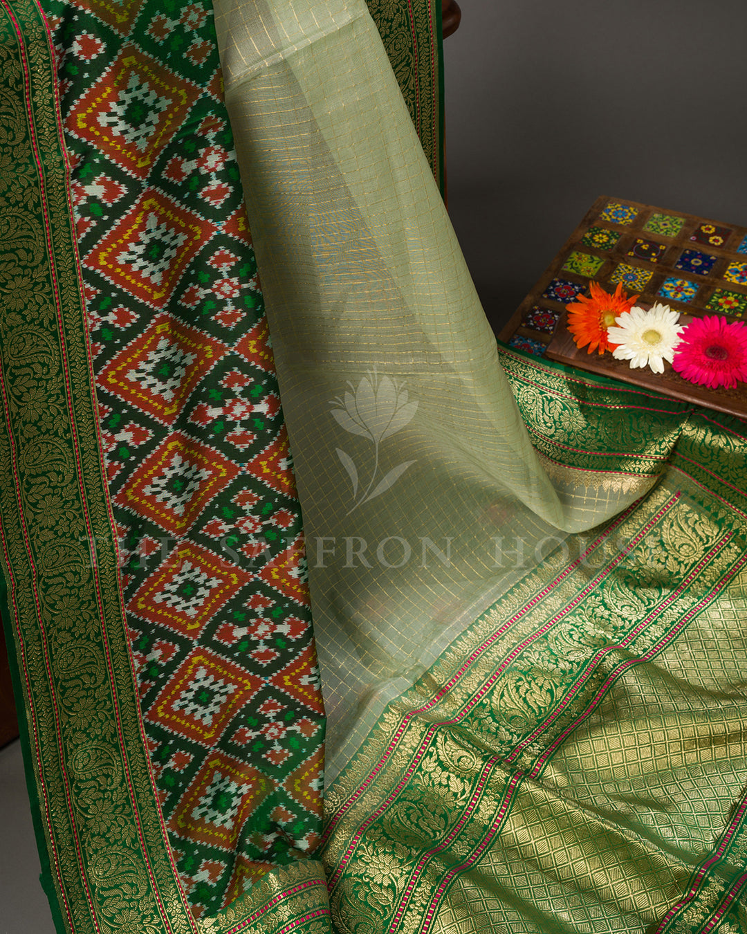 Pistachio Green Banarasi Organza with Patan Patola Fusion Border and Floral Brocade Blouse