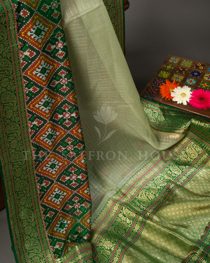 Pistachio Green Banarasi Organza with Patan Patola Fusion Border and Floral Brocade Blouse