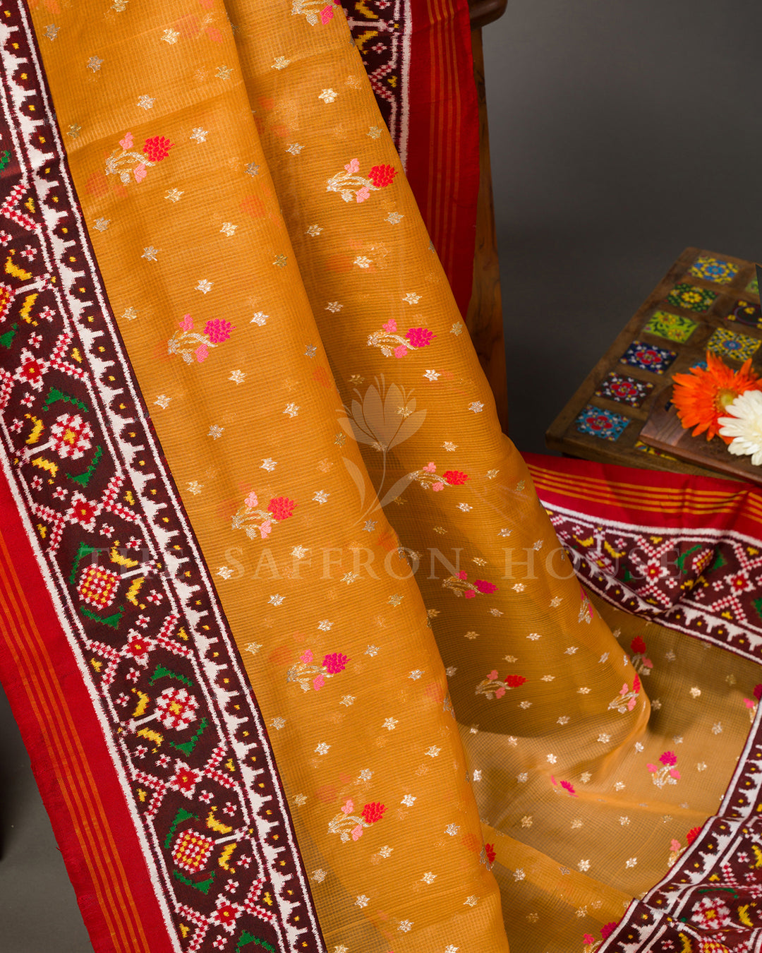 Marigold Orange Kota Saree with Patan Patola Fusion Border and Zari Butis