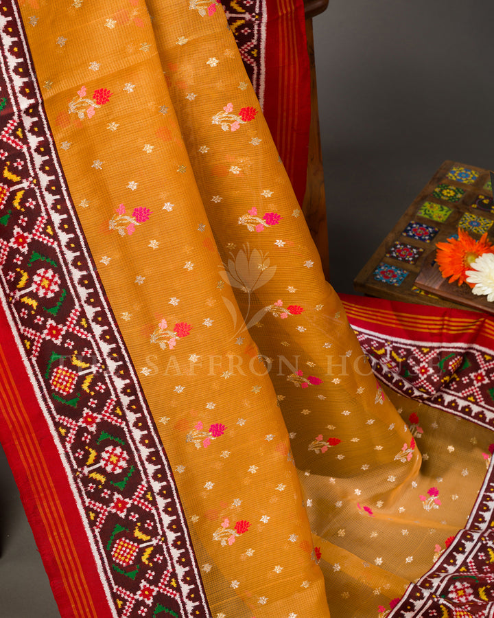 Marigold Orange Kota Saree with Patan Patola Fusion Border and Zari Butis