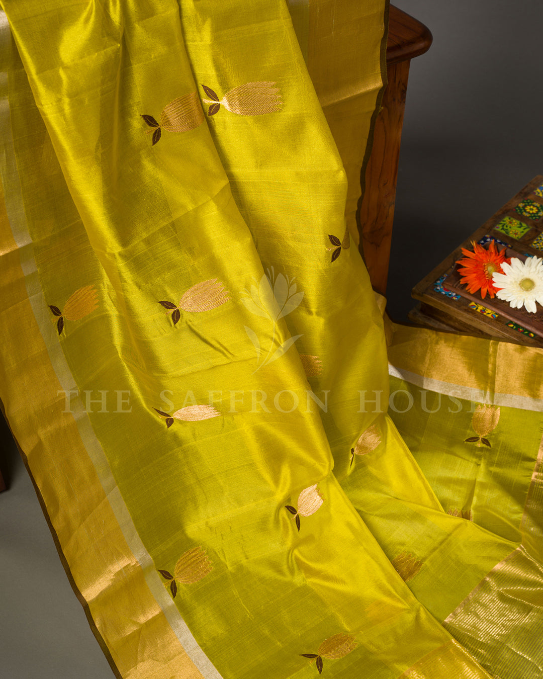 Turmeric Yellow Tussar Silk Saree with Gold Zari Lotus Butis and Tissue Border